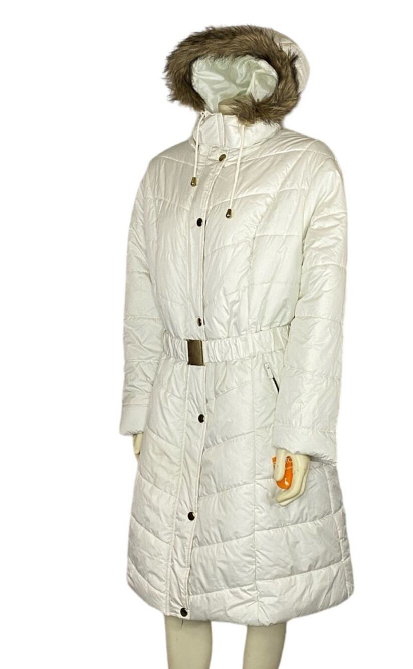 NWT sporto down long coat in white, removable fake fur hood size 2 X